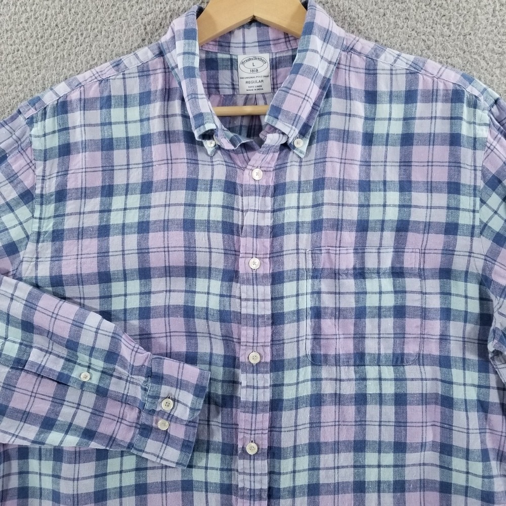 Brooks Brothers Shirt Mens Large Blue Purple Plaid Linen 1818 Regular Fit Pastel